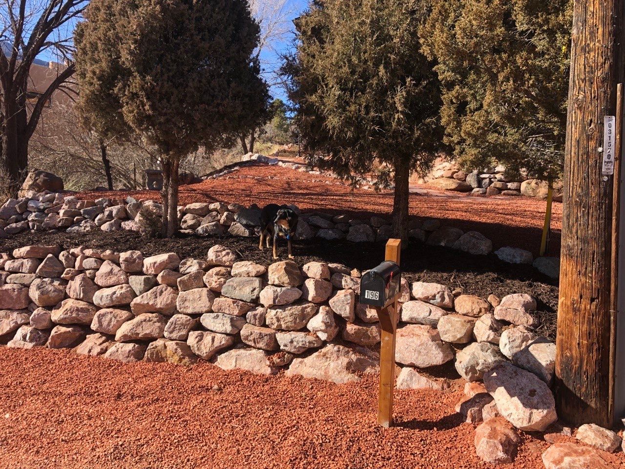 A stone wall with trees in the background and red mulch on the ground