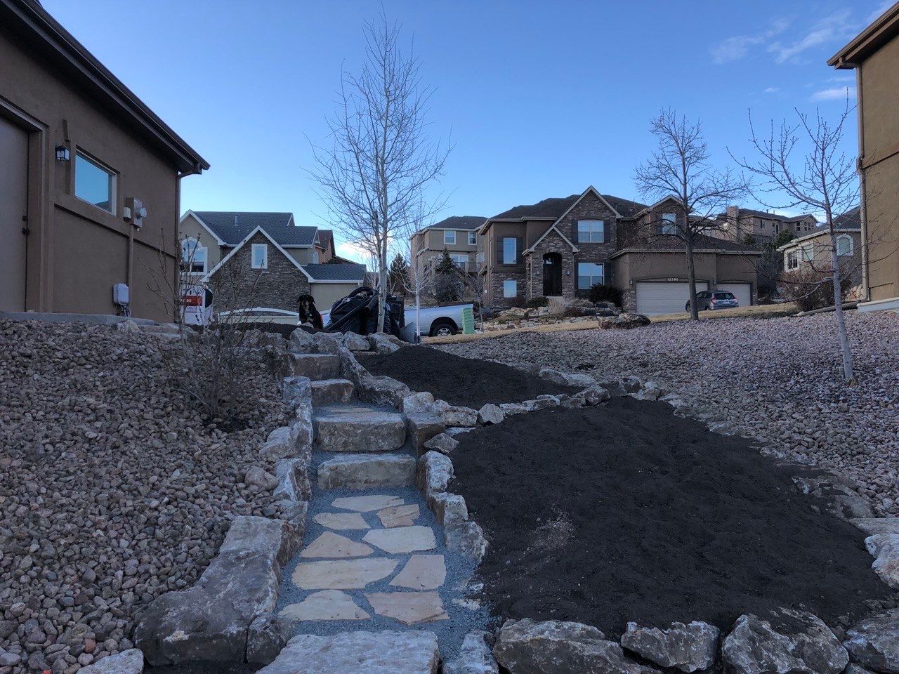 A stone walkway leading to a house in a residential area