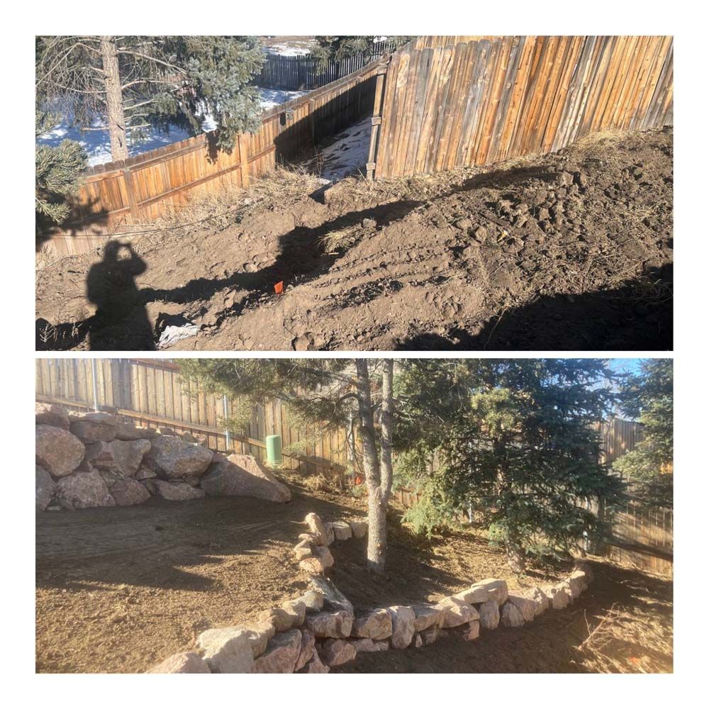 Top:  Fence collapsed, dirt mound, tree. Bottom: New retaining wall, grass, and trees.