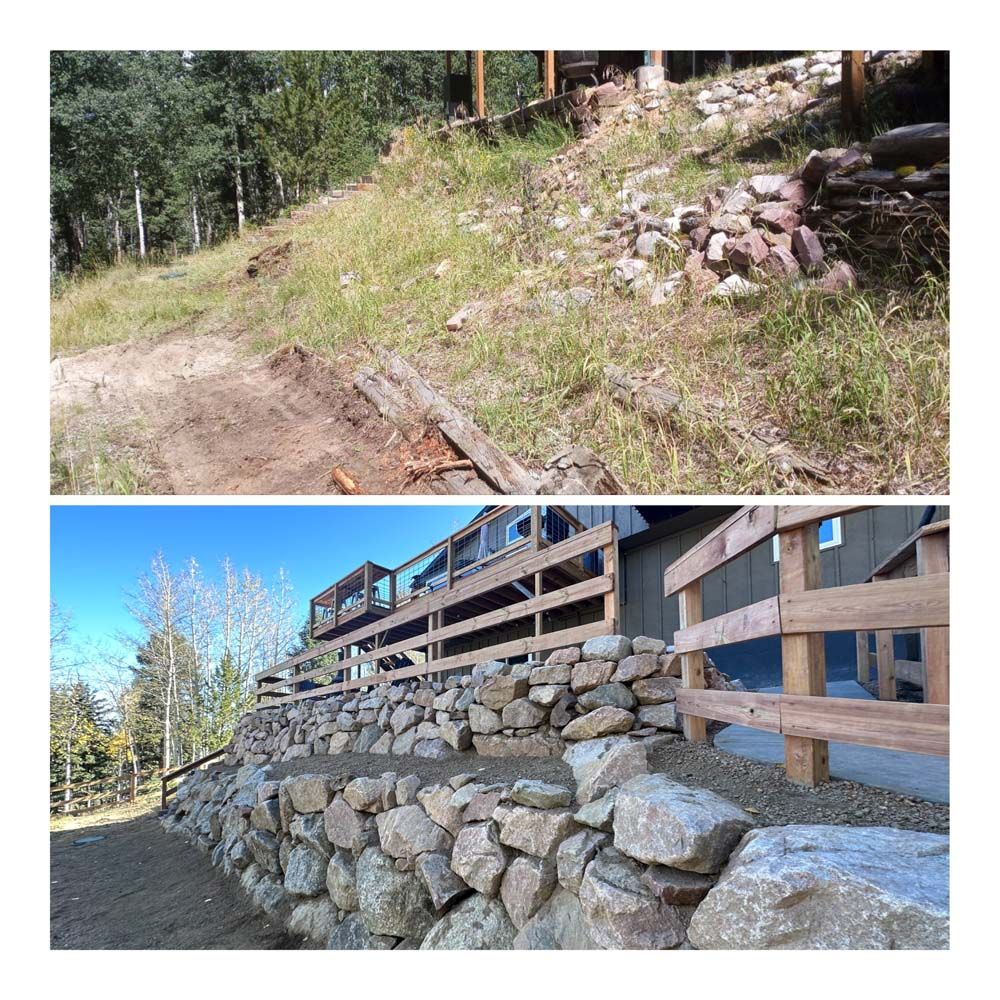 Top: Grassy hillside with sparse vegetation and small rocks. Bottom: Stone retaining wall with wooden railing in front of a house.