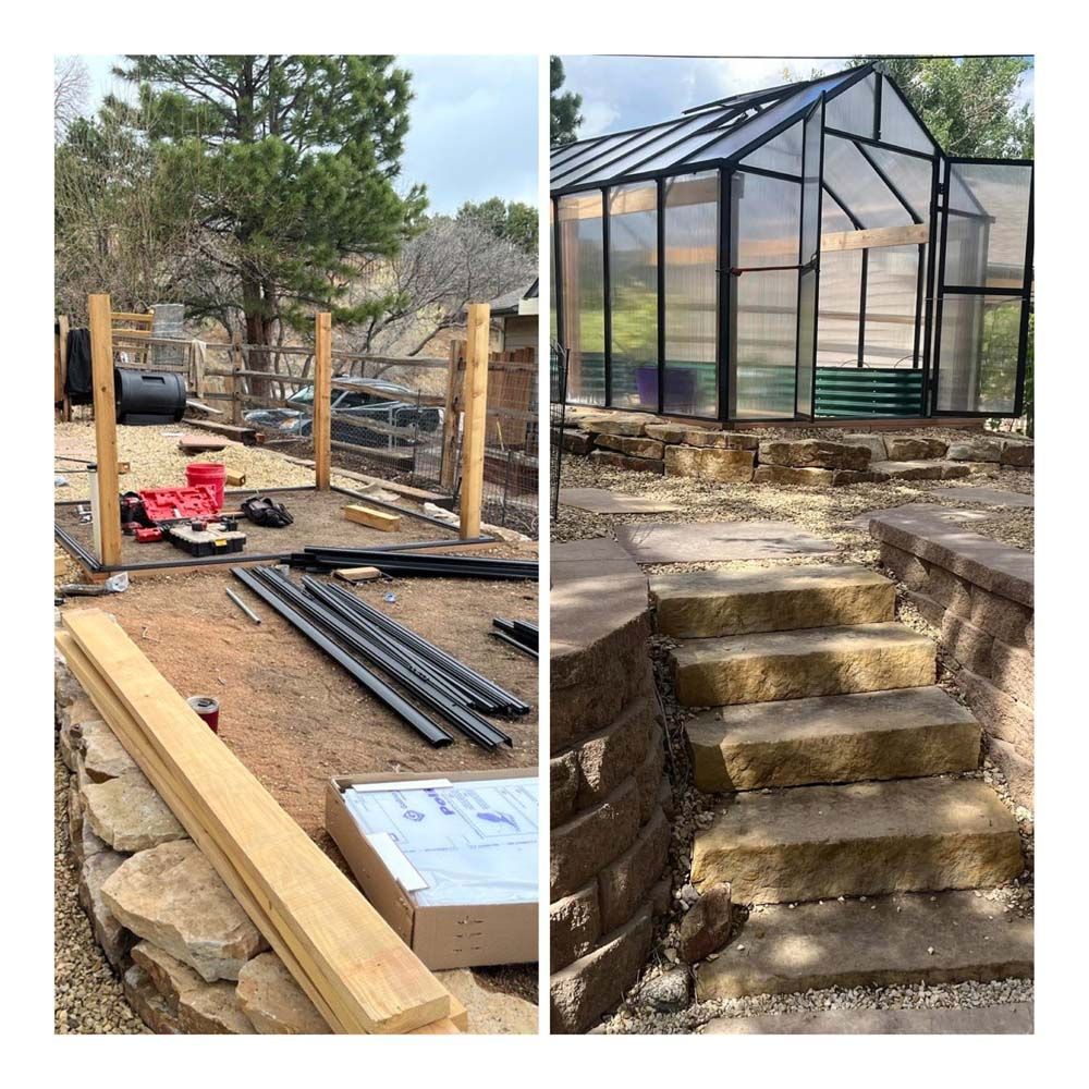 Greenhouse construction: materials and tools scattered, then completed greenhouse on stone steps.