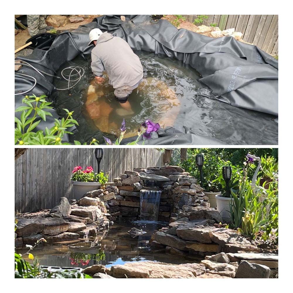Top: Person in a pond installing equipment. Bottom: Finished pond with waterfall and landscaping.