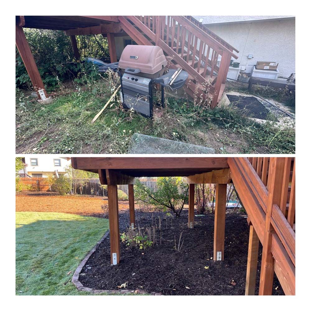 Before and after photos of a deck's undercarriage. Weeds and a grill are removed, and a mulched bed with plants is added.