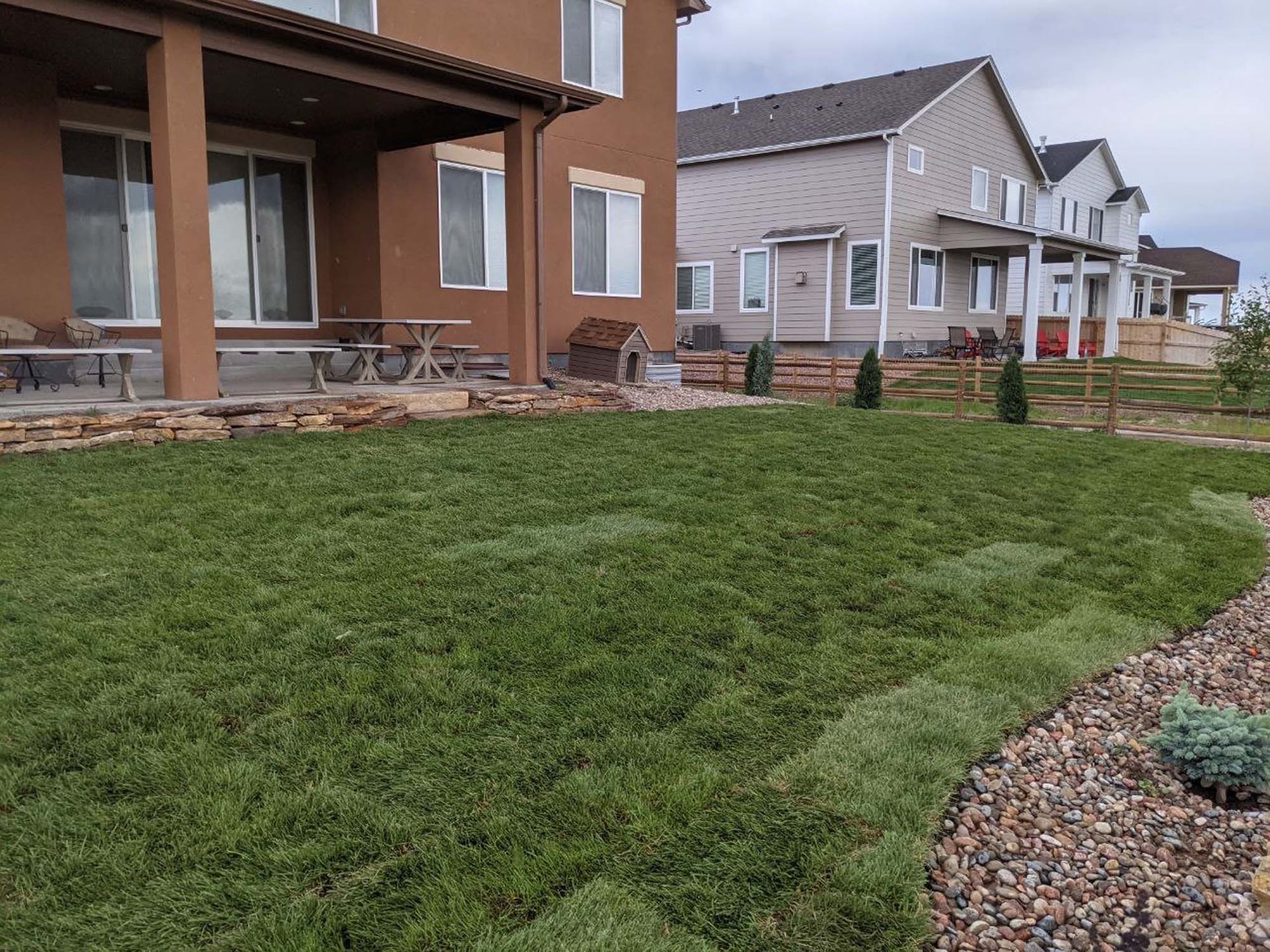 Green lawn in front of tan and gray houses. Backyard with stone edging and evergreen shrubs. Cloudy sky.