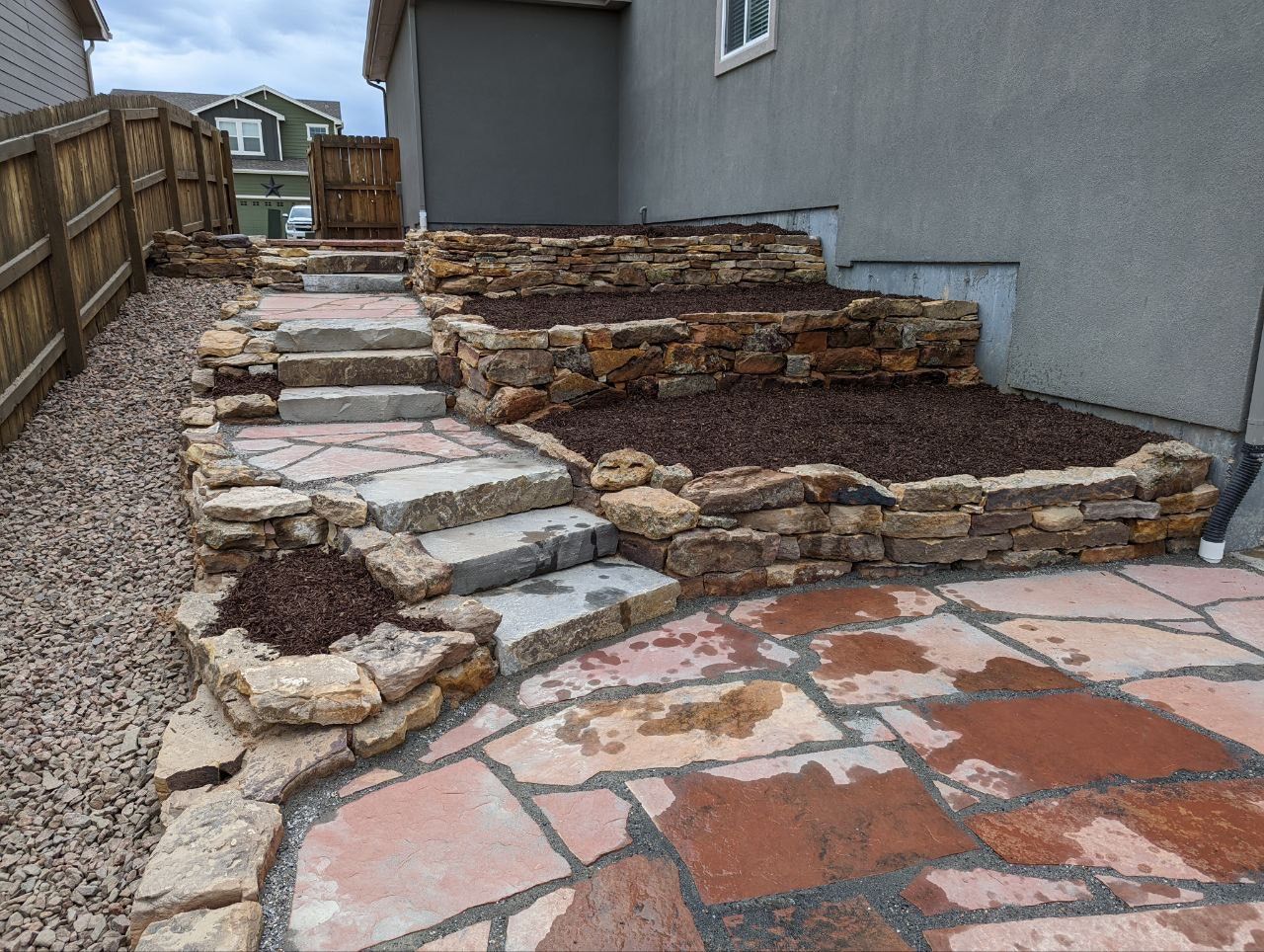 A stone walkway with stairs leading up to a house