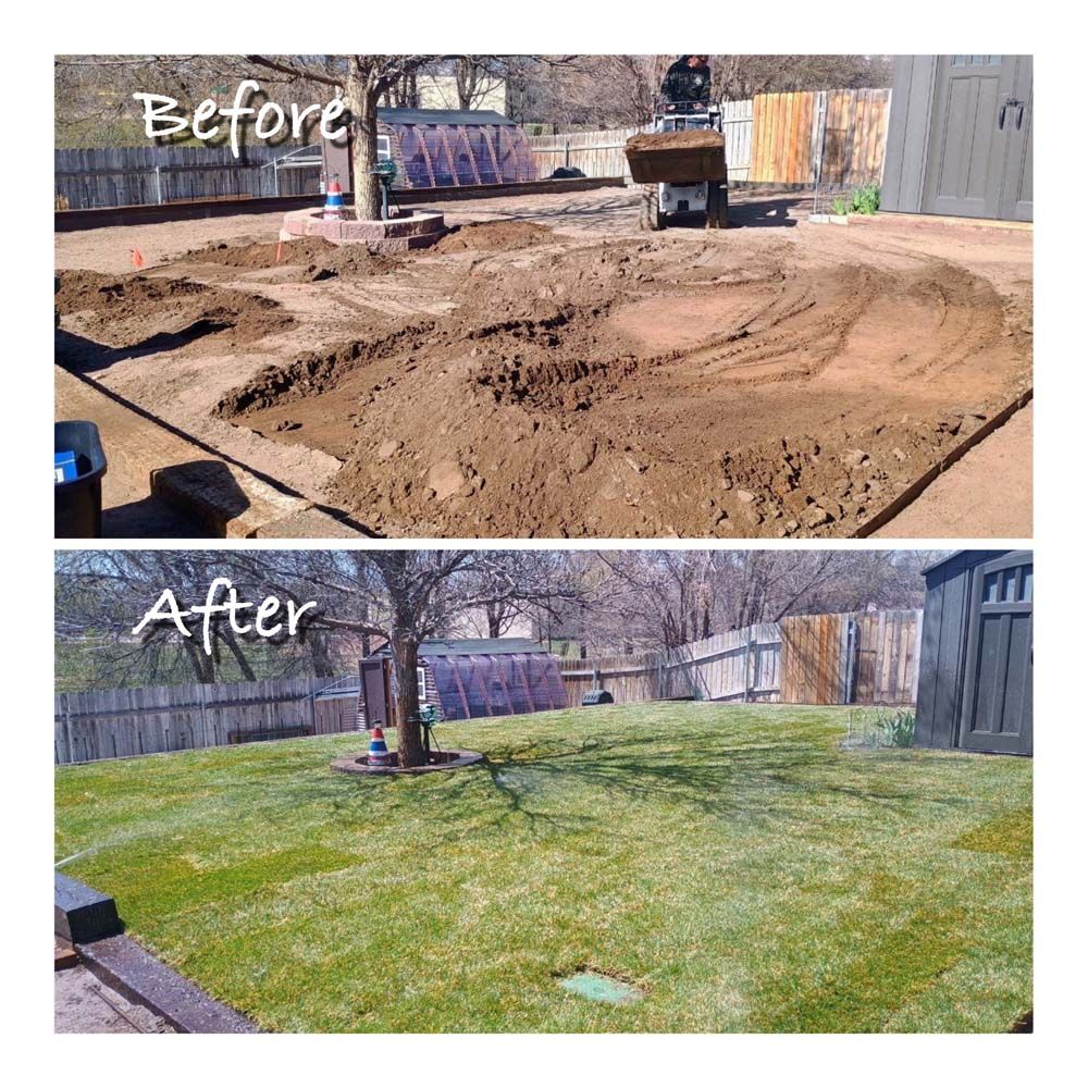 Before and after backyard: Dirt yard being excavated transforms into a green grassy lawn.