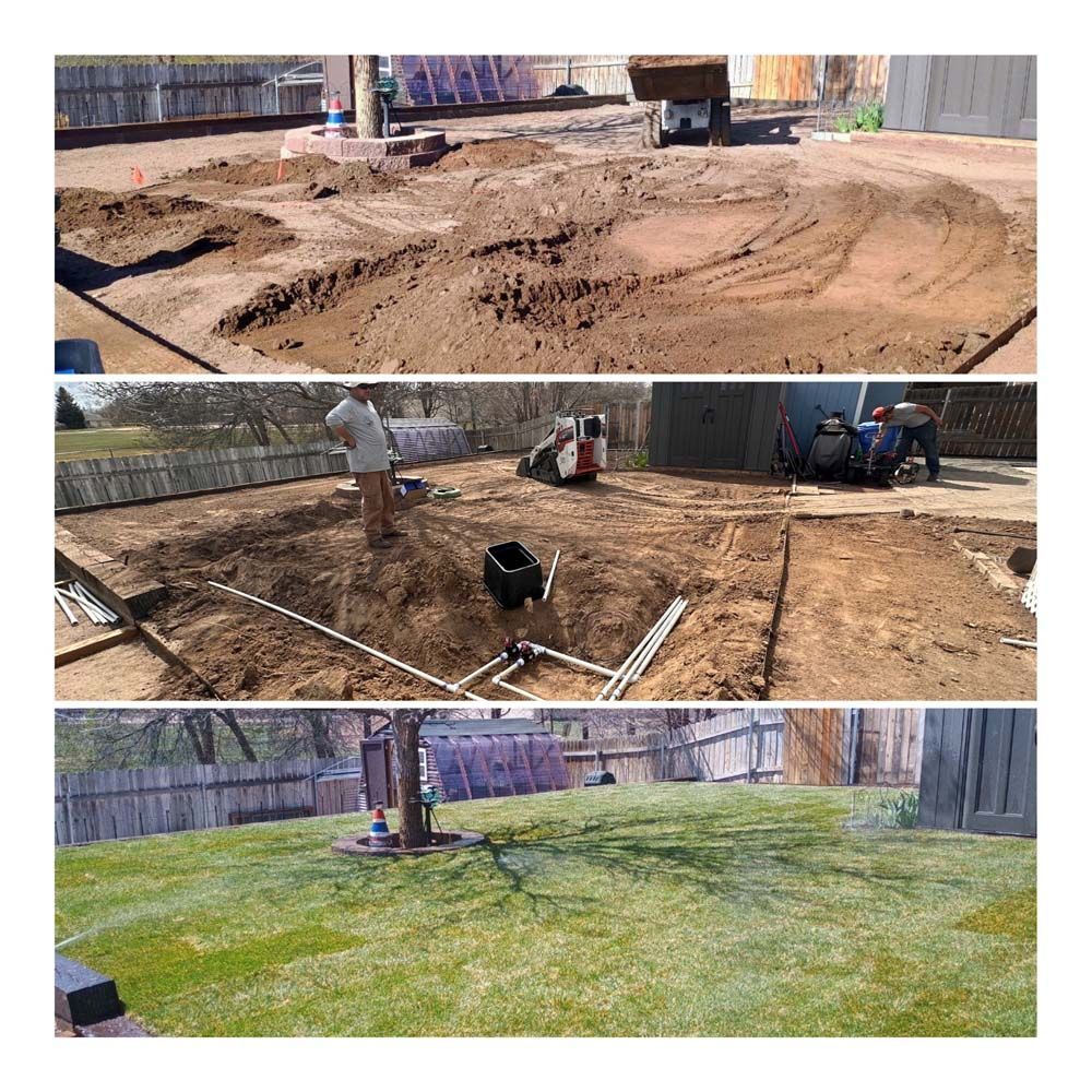 Stages of a yard project: digging dirt, laying pipes, and finally, green grass.