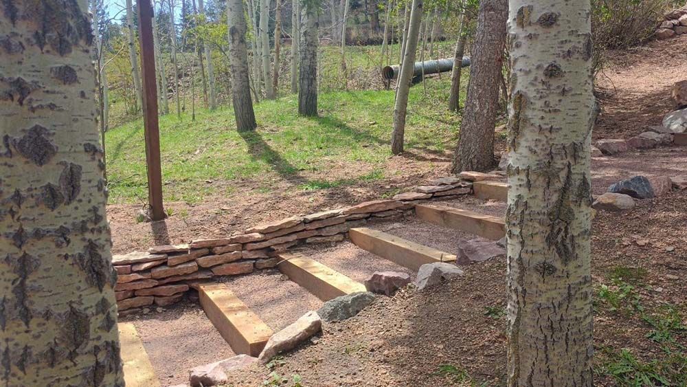 Stone and wood steps on a trail in a forest, with aspen trees and a retaining wall.