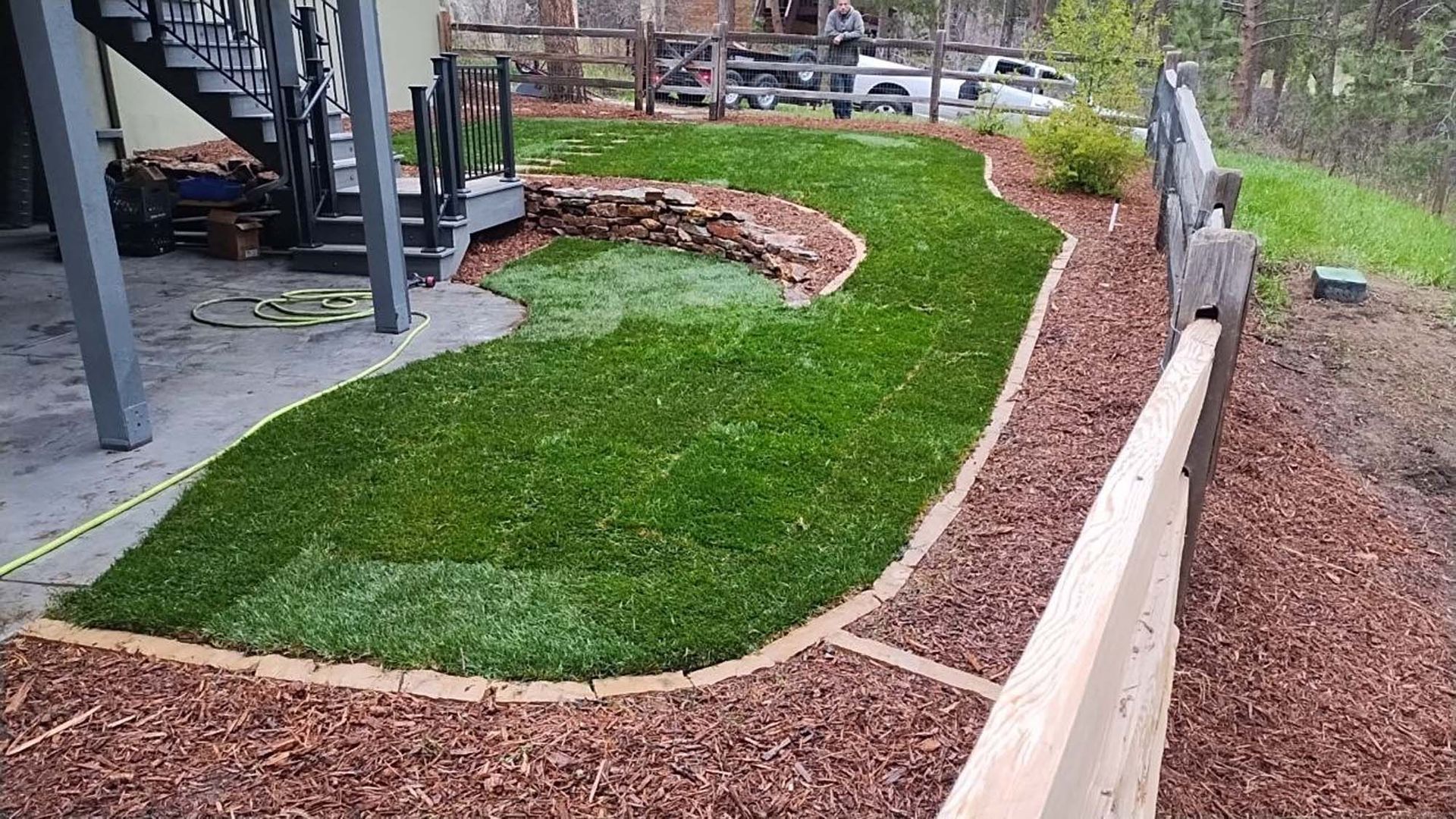 A lush green lawn with a wooden fence and stairs in the background.