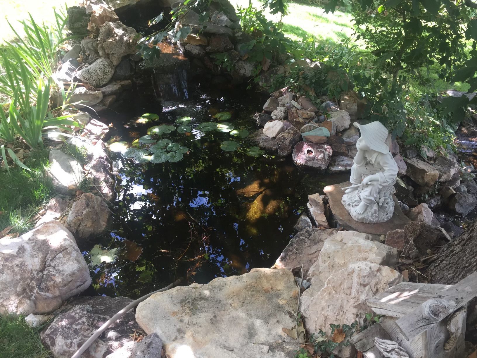 A pond surrounded by rocks and plants with a statue in the middle