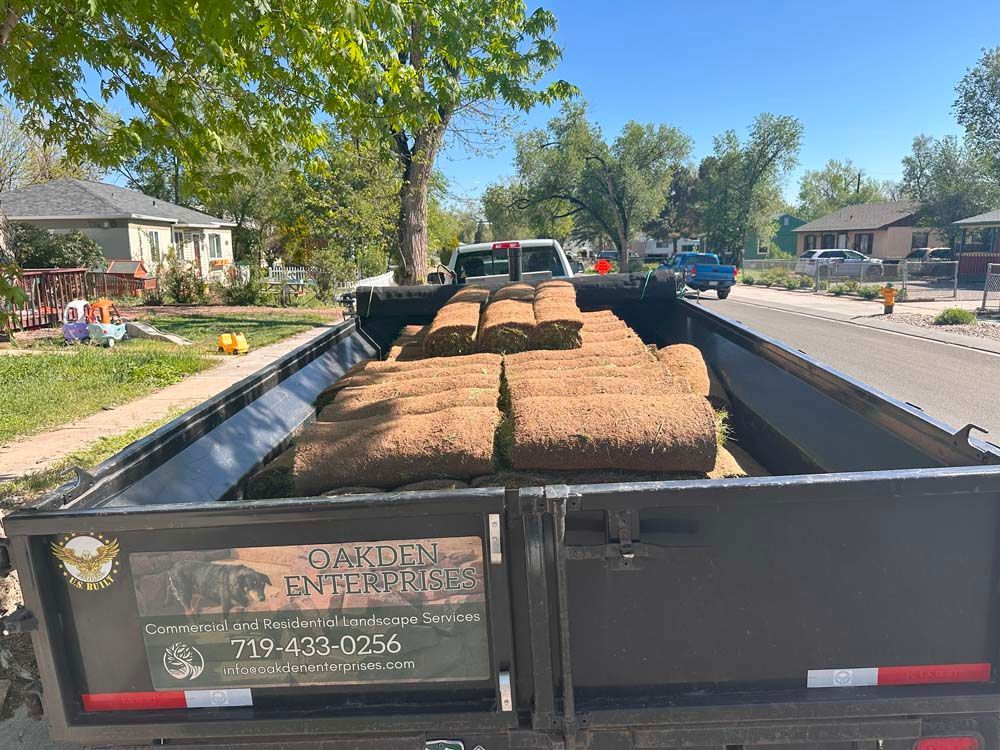 A truck bed filled with rolled sod grass on a residential street.