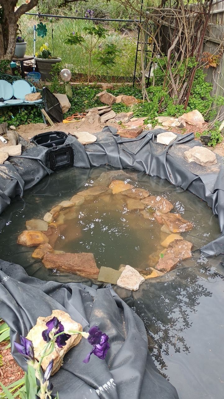 A pond filled with water and rocks is being built in a garden.