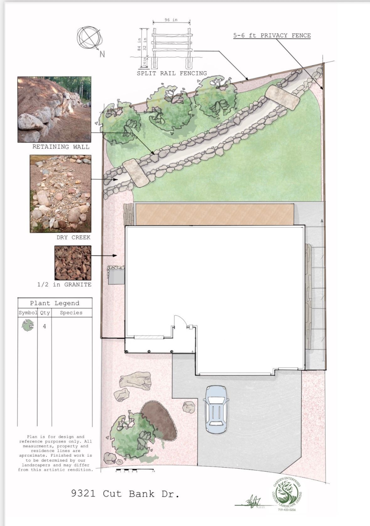 Landscape design plan with a house, driveway, garden beds, and rock wall.