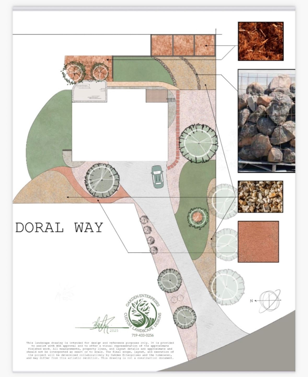 Landscape plan for Doral Way, showing driveway, trees, and planting areas in various colors with material samples.