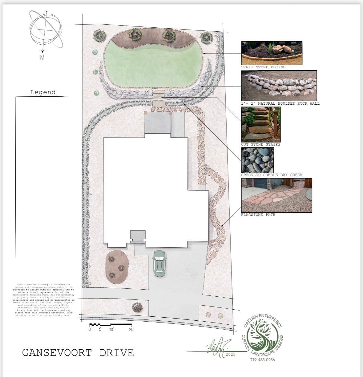 Landscape design plan for a house and yard, including driveway, garden beds, and pathways, with a legend and material samples.