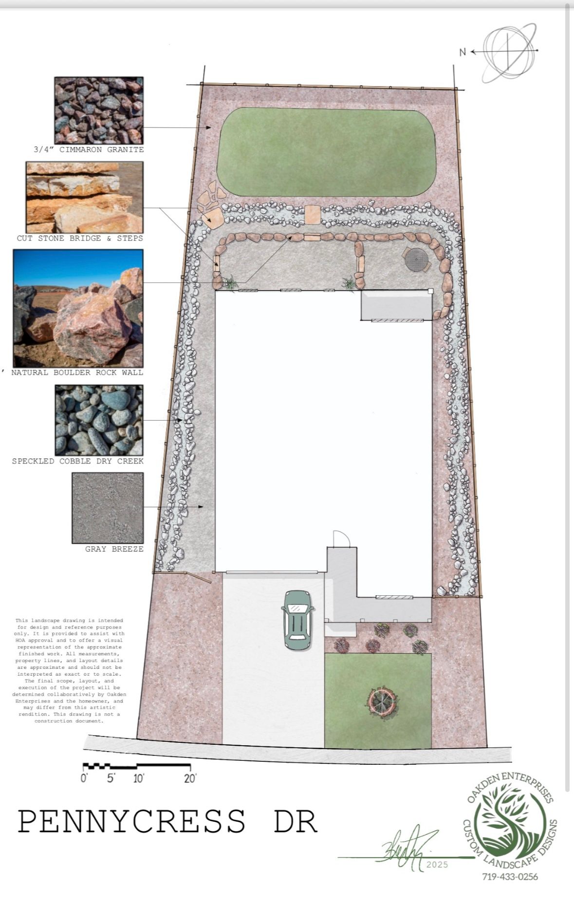 Landscape plan for a property on Pennycress Drive. Features a lawn, driveway, and various stone materials.