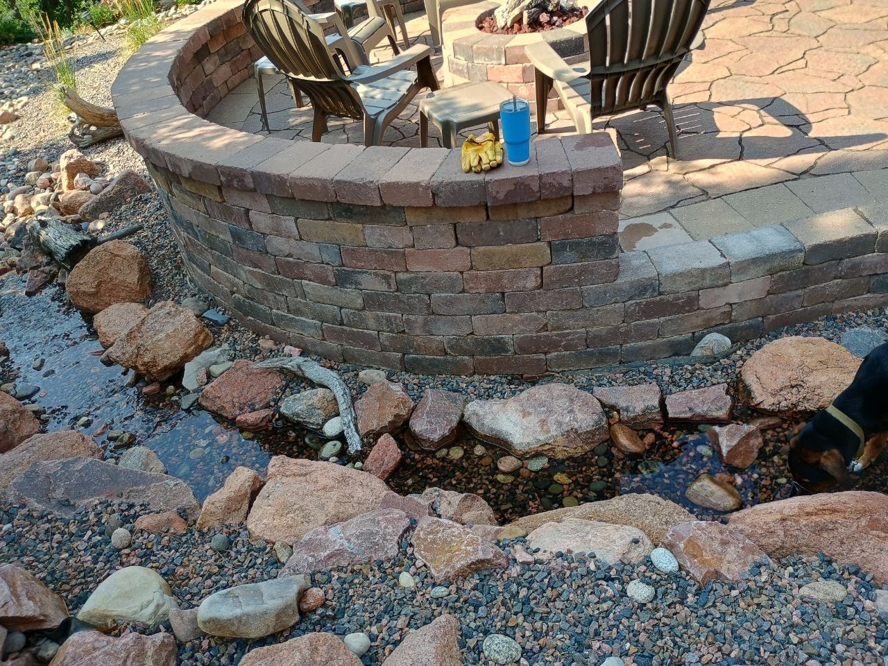A dog is standing in front of a fire pit