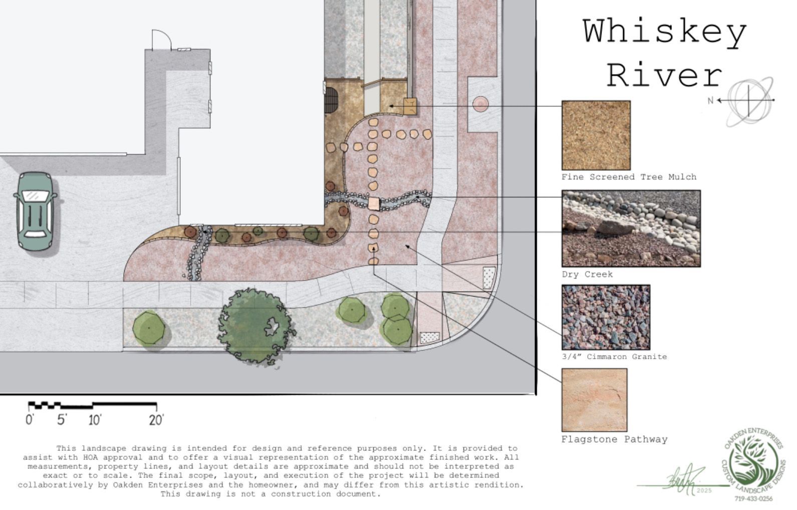 Landscape design plan for Crystal Hills; features photos, pathways, plants, a hot tub, and a water feature.