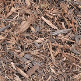 A pile of wood chips is sitting on the ground.