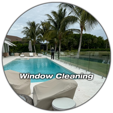 A man is standing next to a swimming pool with the words window cleaning above him.