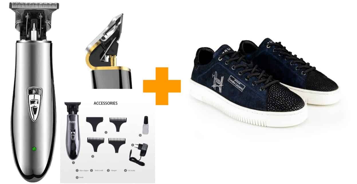 Een paar schoenen en een tondeuse op een witte achtergrond