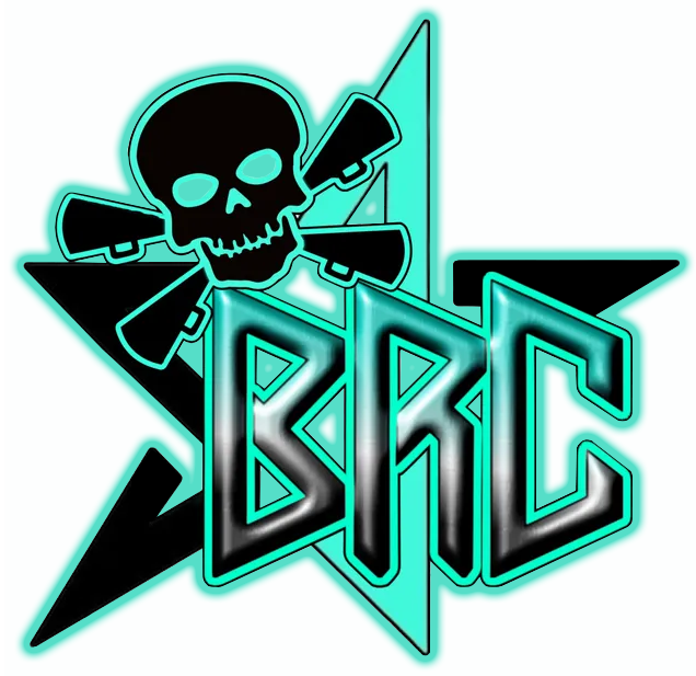 Black skull and cross-megaphones above turquoise BRC logo with star and teal outline.