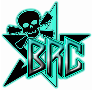 Black skull and cross-megaphones above turquoise BRC logo with star and teal outline.