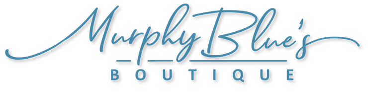 A blue logo for murphy blue 's boutique on a white background.