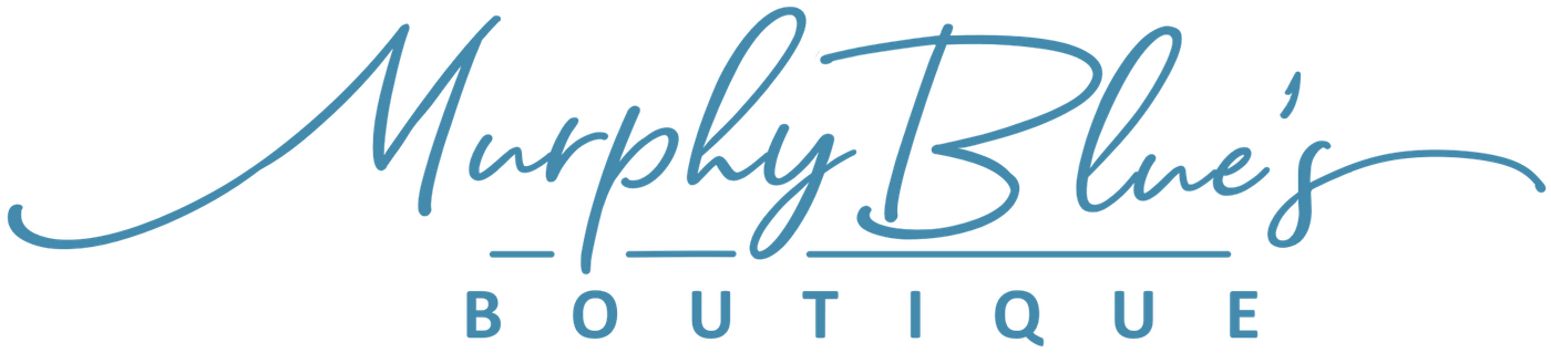 A blue logo for murphy blue 's boutique on a white background.