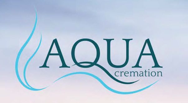 A logo for aqua cremation with a blue sky in the background