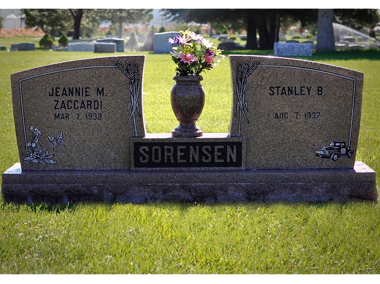 A gravestone in a cemetery with the name sorensen on it