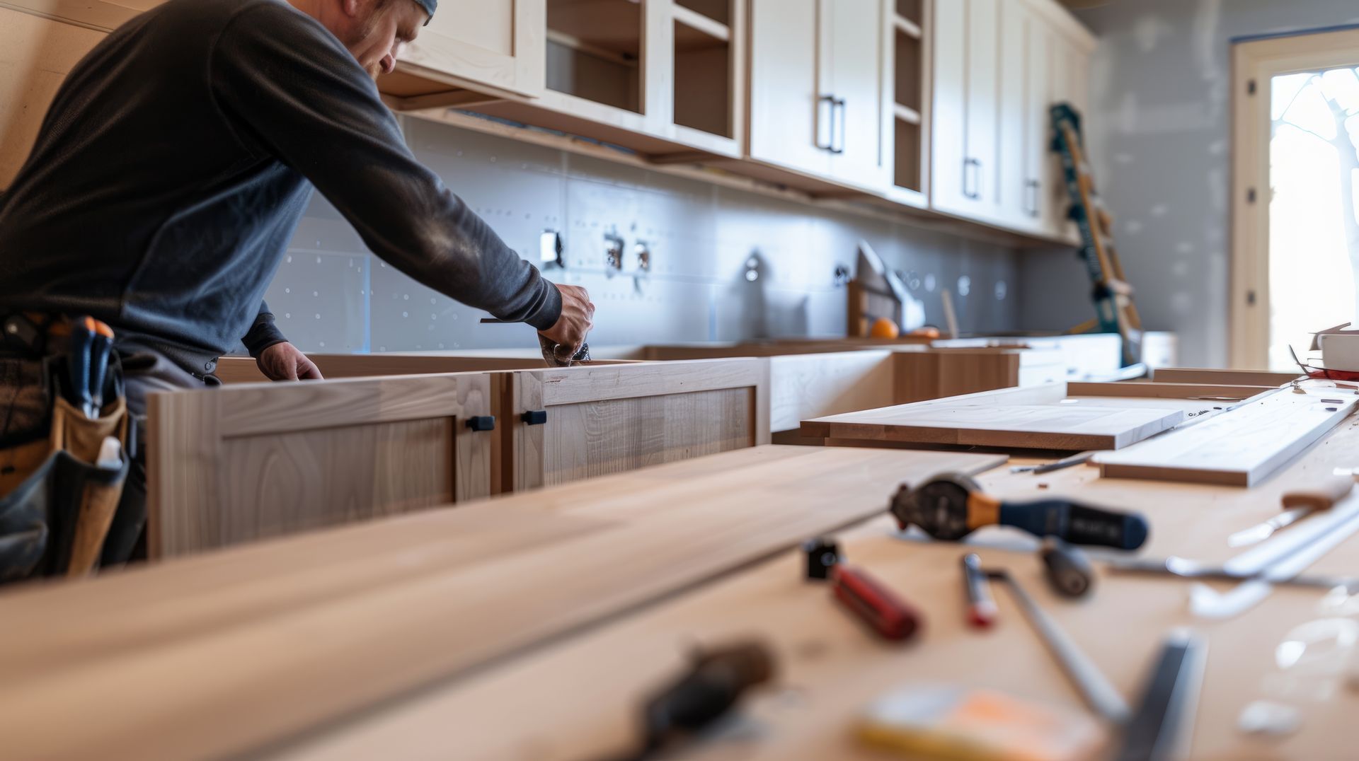 A man is working on a kitchen cabinet in a kitchen.