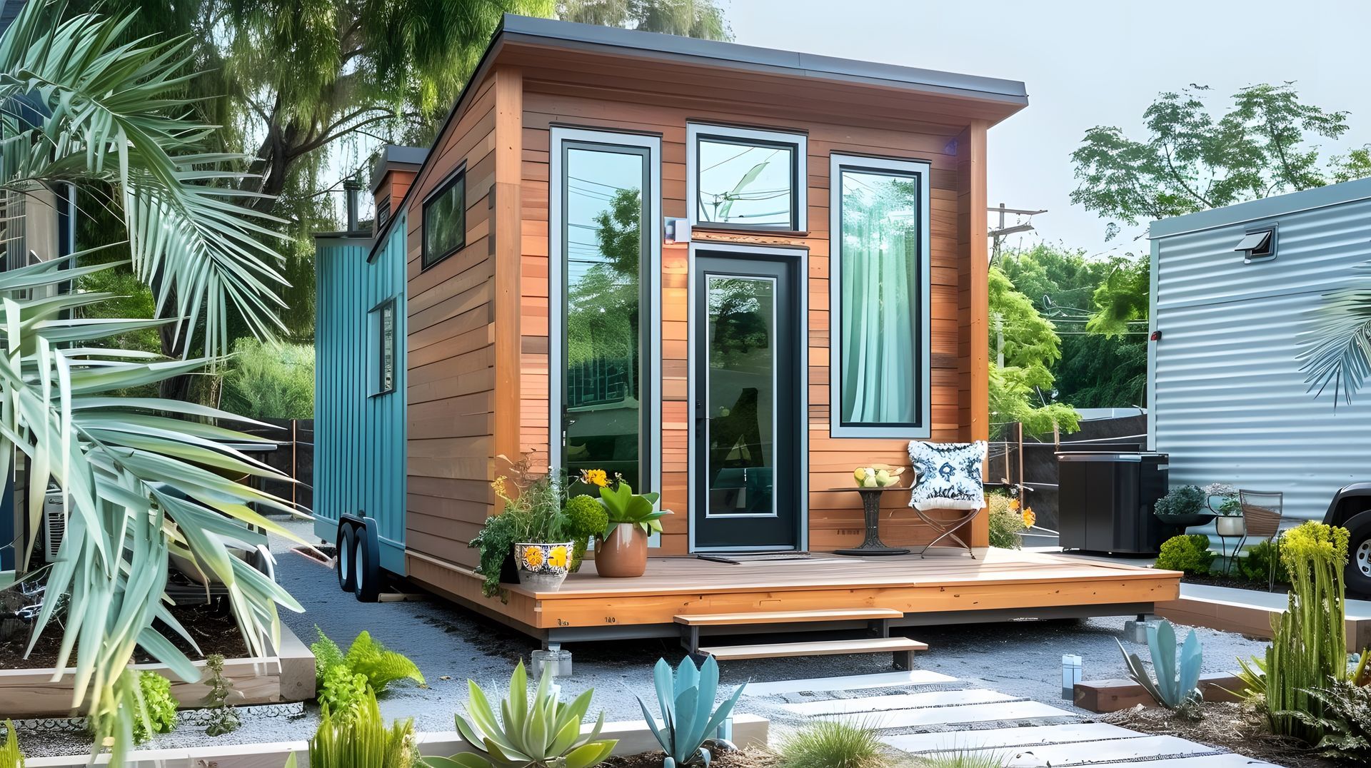 A small wooden house is sitting in the middle of a lush green yard.