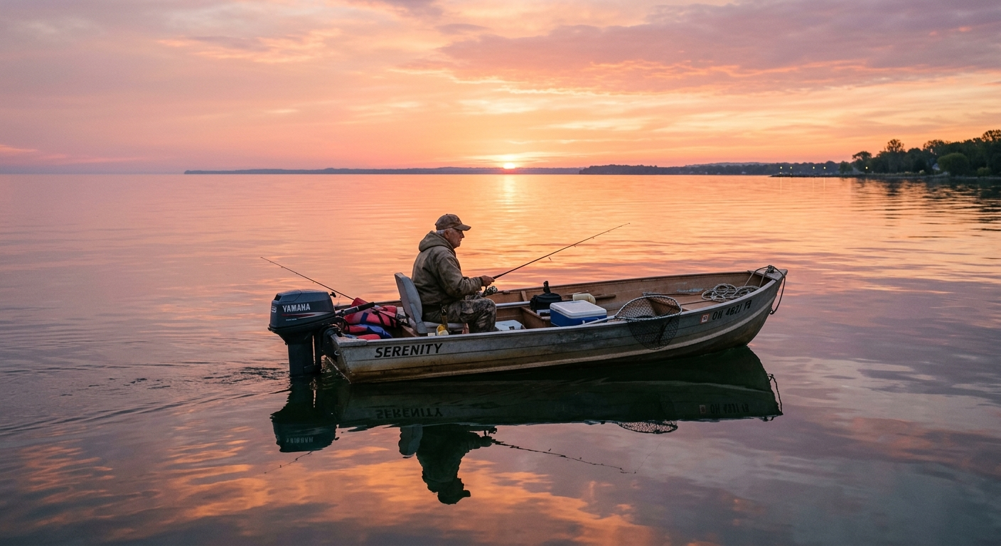 A motorboat cruising on Lake Erie near a northeast Ohio shoreline on a sunny summer afternoon
