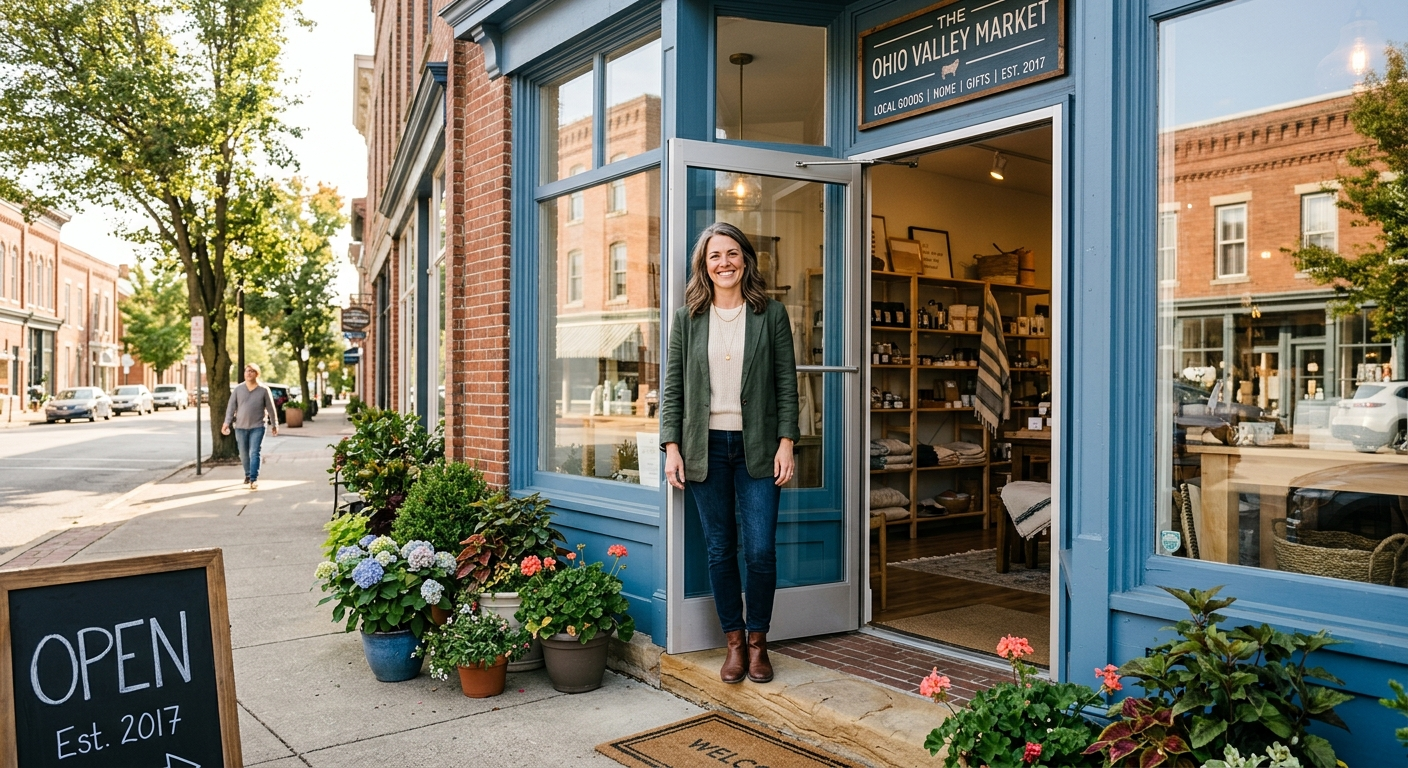 Small business owner reviewing insurance documents at a desk inside a retail shop in Ohio