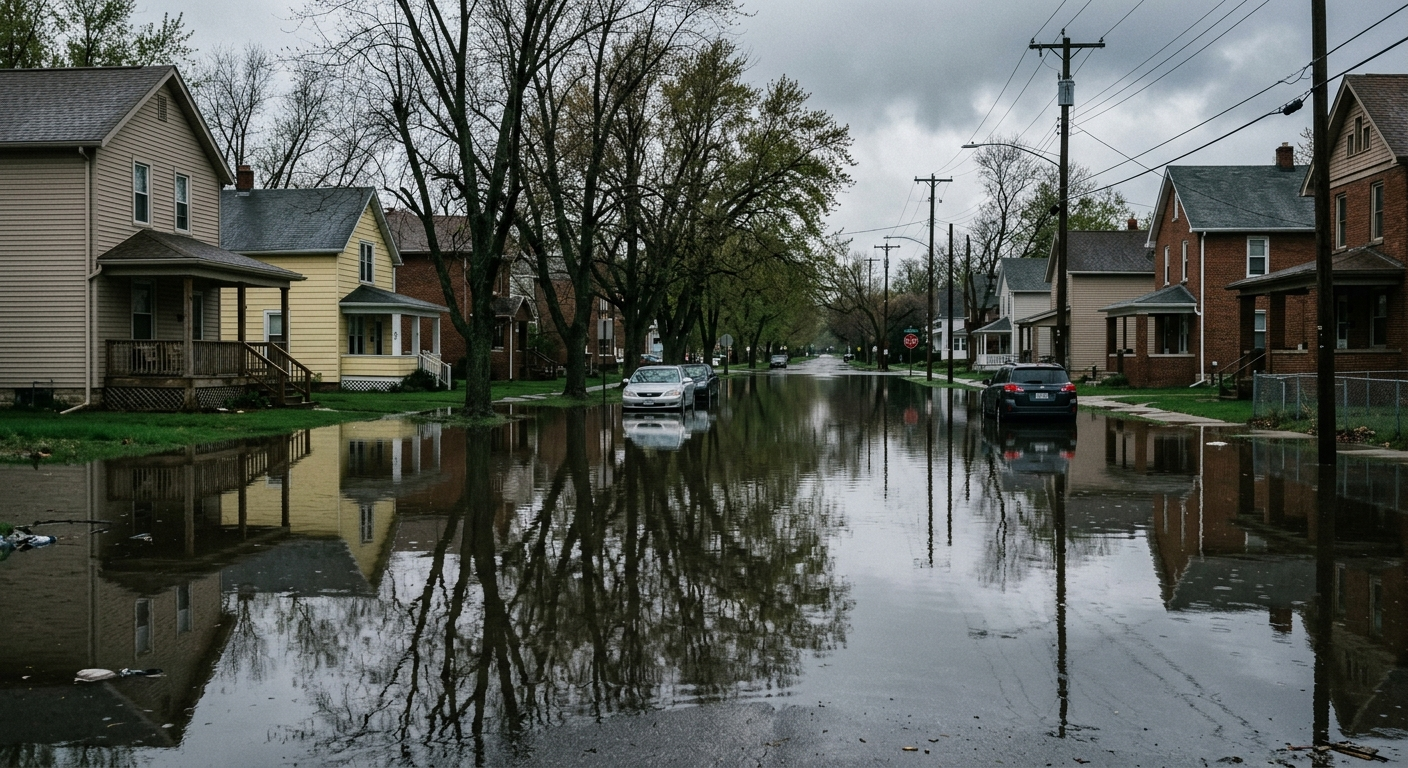 Flooded residential street in Ohio with water covering yards and a neighborhood road after a heavy rainstorm
