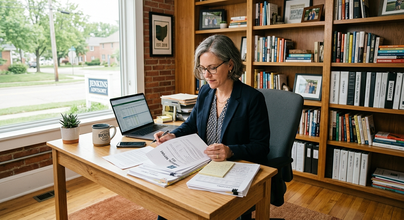 Small business owner reviewing insurance documents at a desk inside a northeast Ohio shop