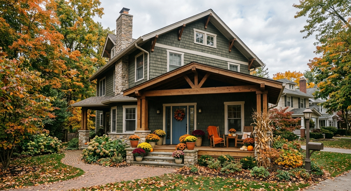 A well-kept two-story Ohio home in autumn with leaves on the lawn and a clear sky overhead