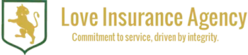 Logo for Love Insurance Agency featuring a gold lion inside a green shield with the text 