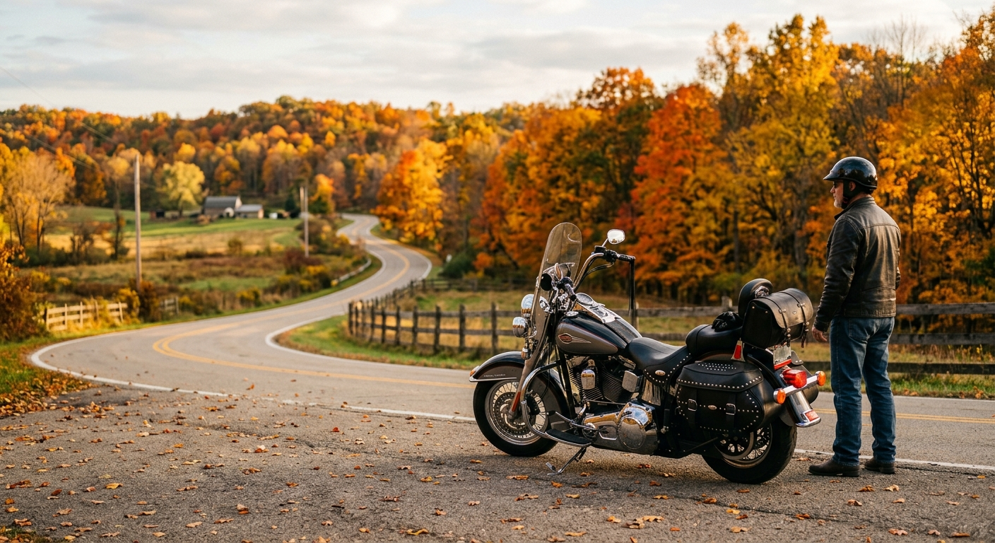 A motorcycle parked on a rural Ohio road in autumn with colorful foliage in the background