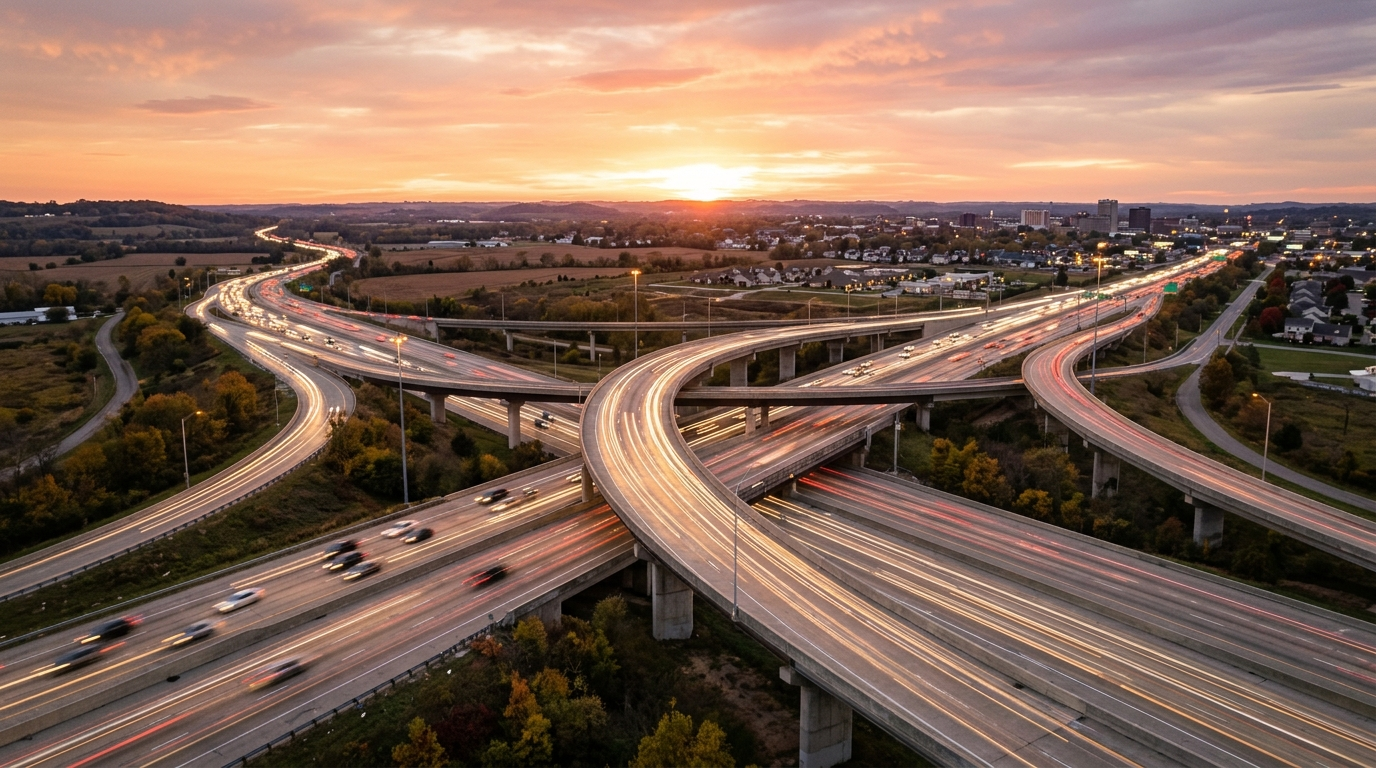 Ohio highway with multiple cars driving on a clear day near a rural northeastern Ohio landscape