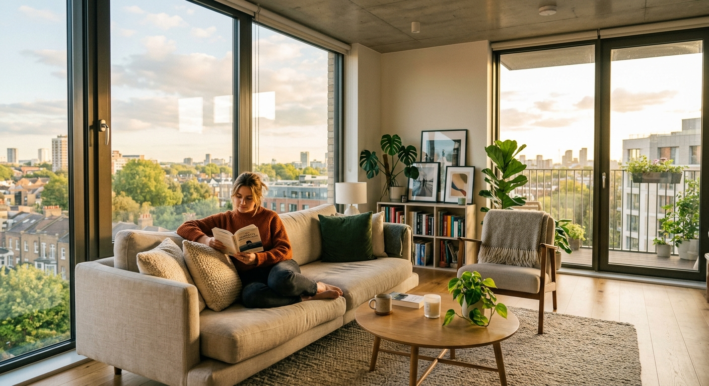Young Ohio renter sitting on a couch in a furnished apartment reviewing insurance documents on a laptop