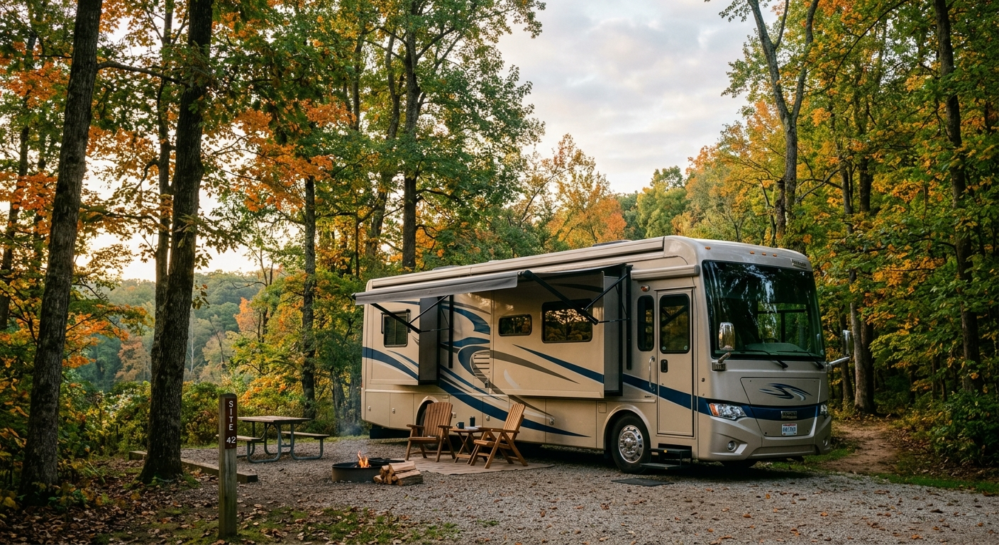 A large Class A motorhome parked at a wooded Ohio campground on a sunny afternoon