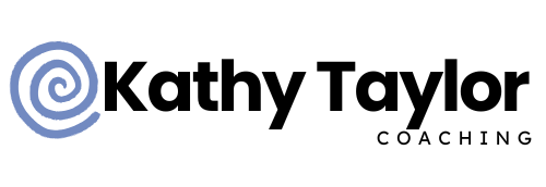A logo for kathy taylor coaching with a blue swirl.