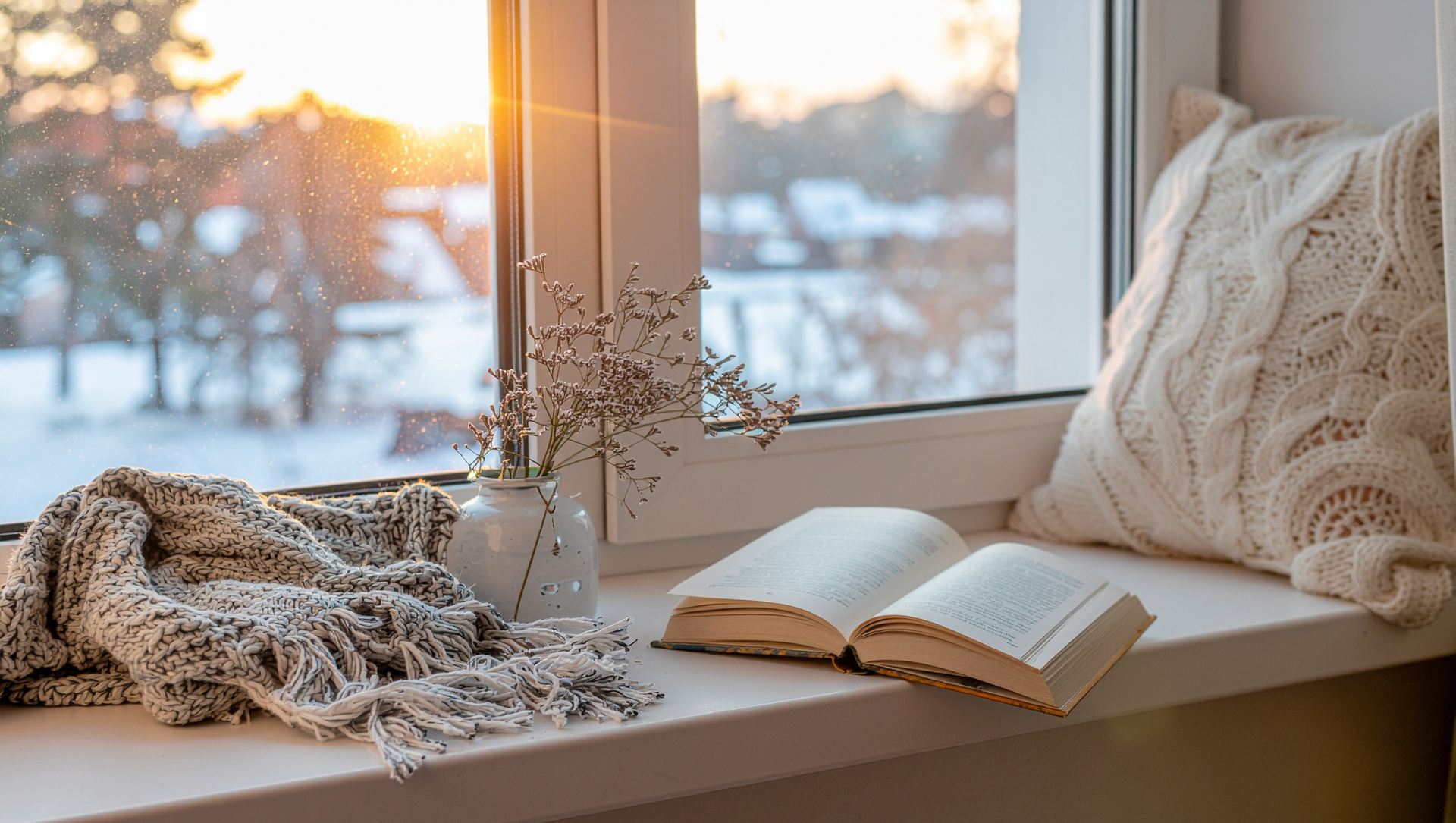 Cozy window scene: open book, knitted throw, vase with flowers, and a pillow. Snowy landscape in background with sunset.