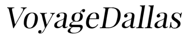 A black and white logo for voyage dallas on a white background.