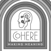 A logo for ohere making meaning with a rainbow in the background