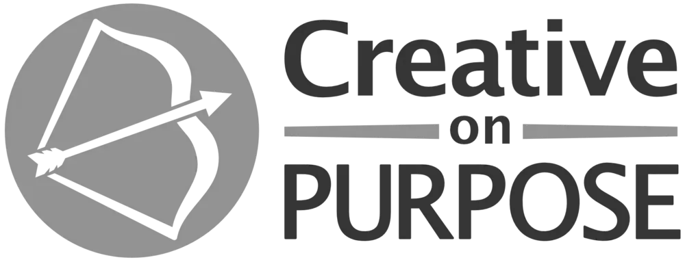 A black and white logo for creative on purpose with an arrow and bow.