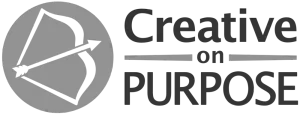 A black and white logo for creative on purpose with an arrow and bow.