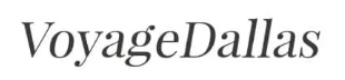 A black and white logo for voyage dallas on a white background.
